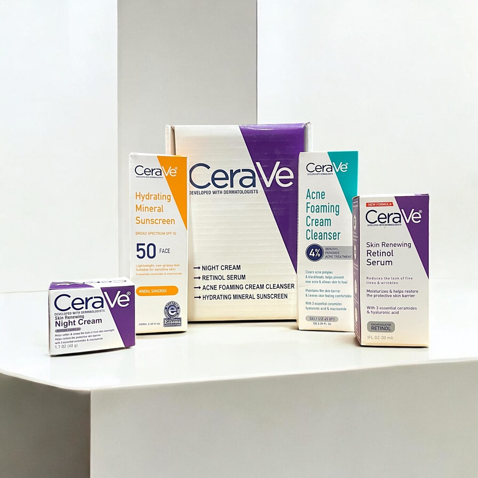 CeraVe Facial Kit for Acne-Prone Skin – Retinol Serum, Cleanser, Night Cream & Sunscreen