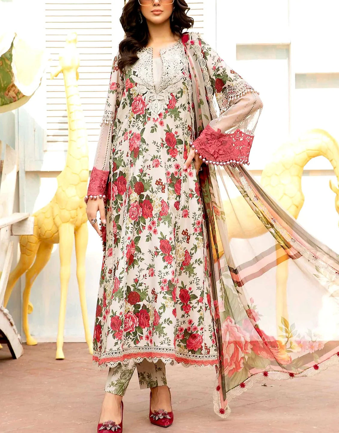 All-Over Print Embroidered Lawn Dress with Chiffon Dupatta